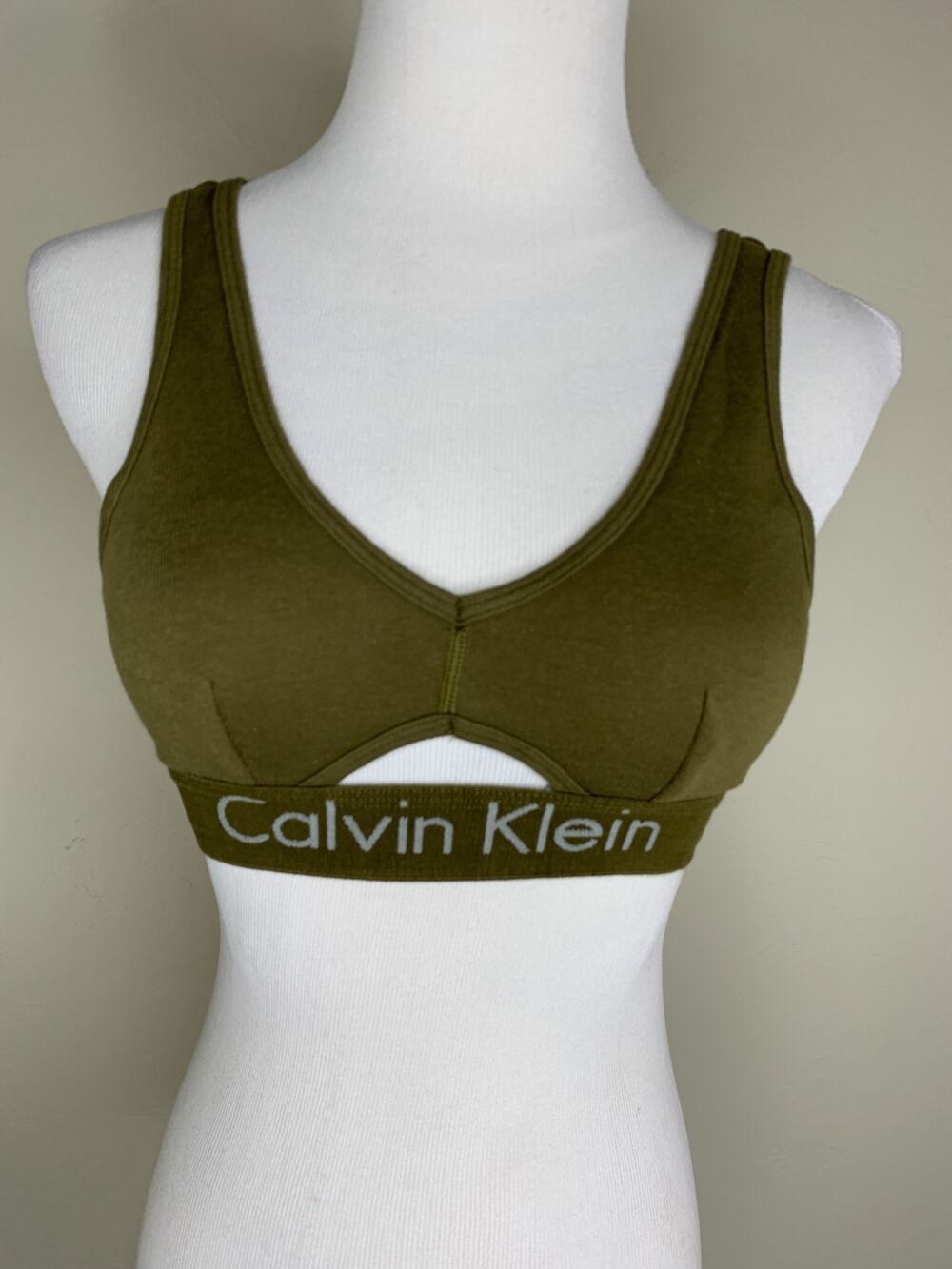 Calvin Klein Army Green Cotton Sports Bra Front Cut Out Sz Small